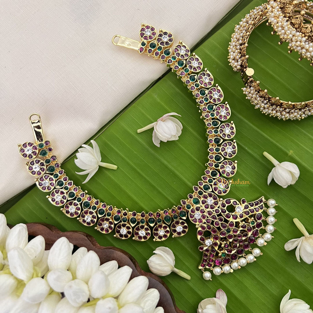 Vriksham Precious Kemp Stone Maanga Short Neckpiece With Pendant-Red White & Green-Pearl-G18538