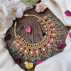 Vriksham Precious Maanga Jadau Kundan Short Neckpiece-Pastel Green Bead-J2974