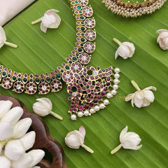 Vriksham Precious Kemp Stone Maanga Short Neckpiece With Pendant-Red White & Green-Pearl-G18538