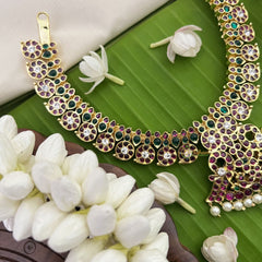 Vriksham Precious Kemp Stone Maanga Short Neckpiece With Pendant-Red White & Green-Pearl-G18538