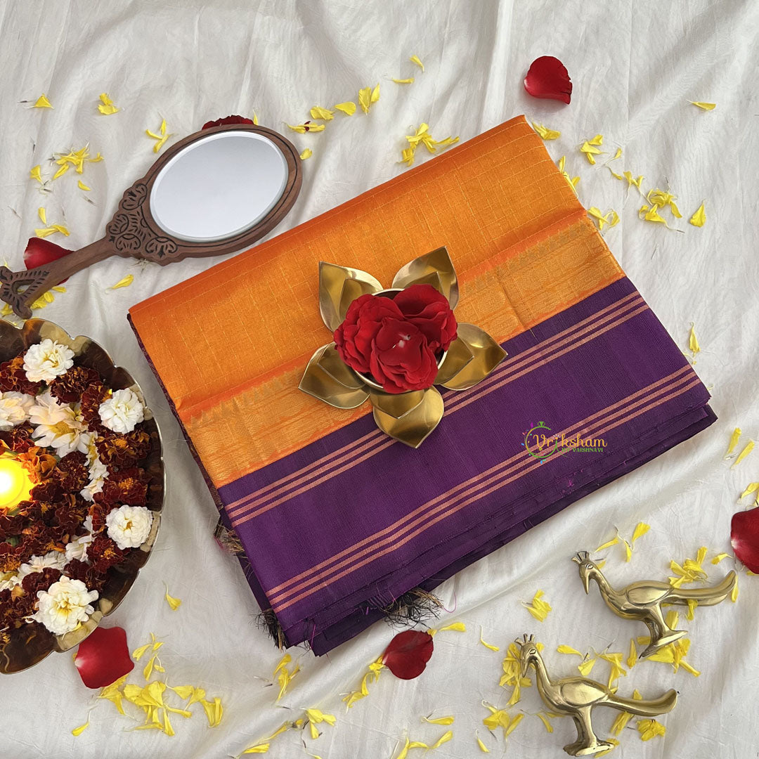 Vriksham Orange with Purple Border Silk Cotton Saree-Handloom-Vairaoosi Podi Kattam-VS4303