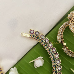 Vriksham Precious Kemp Stone Maanga Short Neckpiece With Pendant-Red White & Green-Pearl-G18538