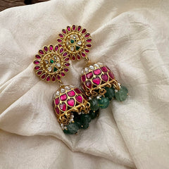 Precious Jadau Kundan Jhumkas-Green Beads-Pearls-J2178