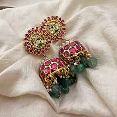 Precious Jadau Kundan Jhumkas-Green Beads-Pearls-J2178