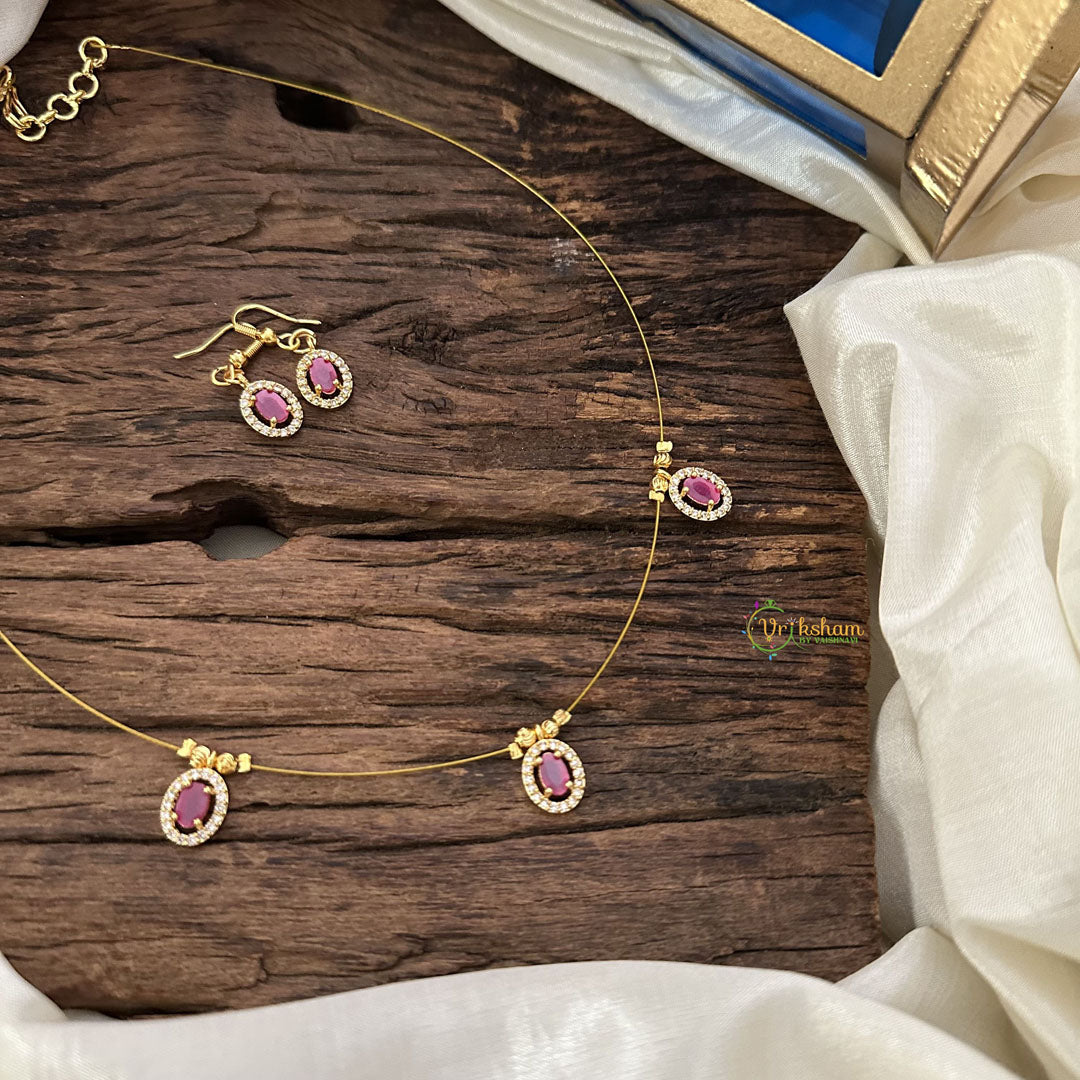 Vriksham Oval Shape Pendant Invisible Chain-Pink White-G18481
