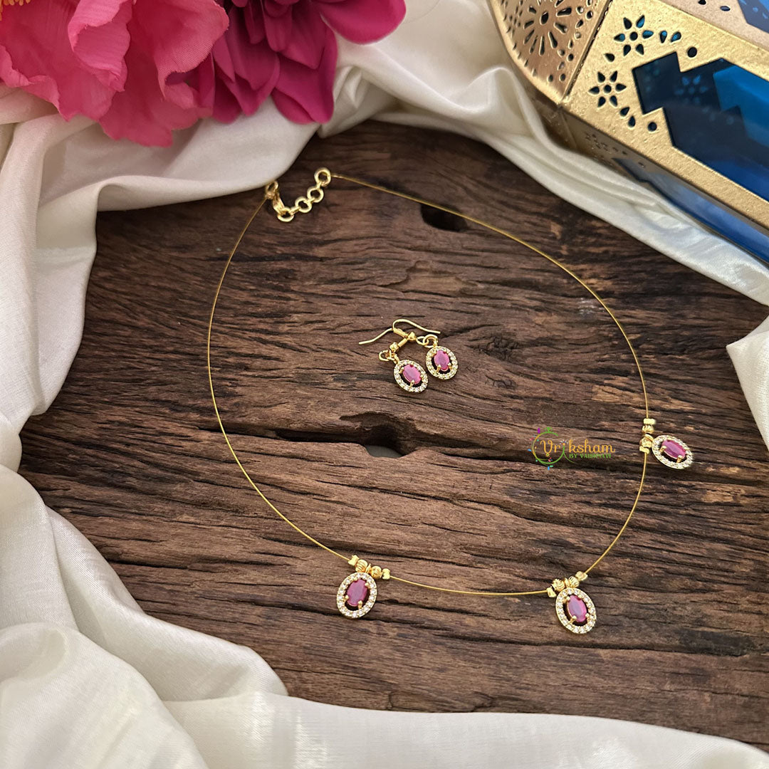 Vriksham Oval Shape Pendant Invisible Chain-Pink White-G18481
