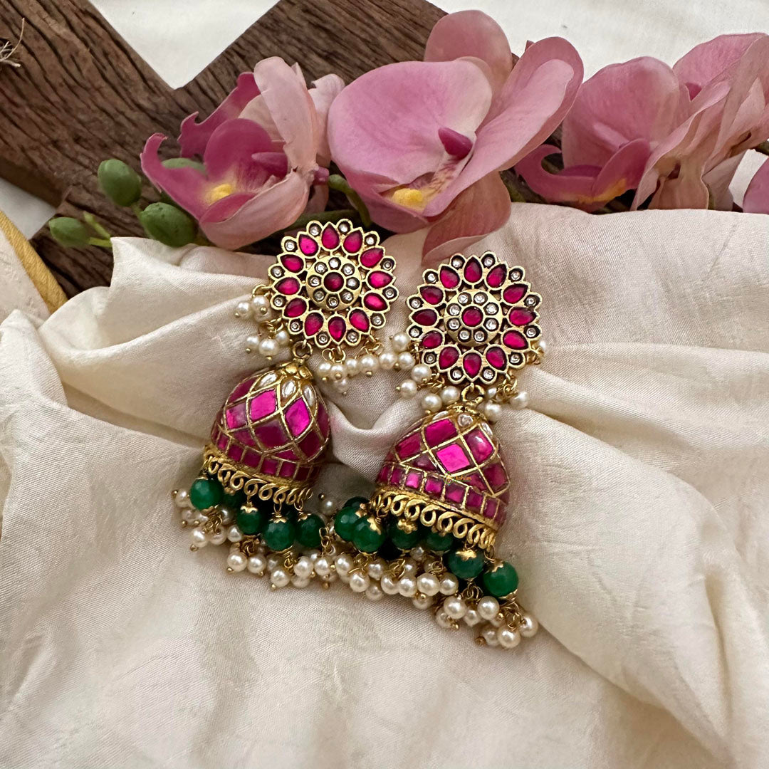 Bridal Jadau Kundan Jhumkas-Green Beads-Pearls-J2184