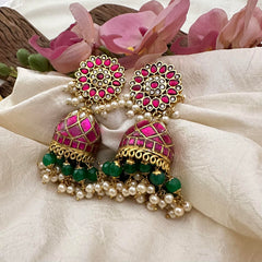 Bridal Jadau Kundan Jhumkas-Green Beads-Pearls-J2184