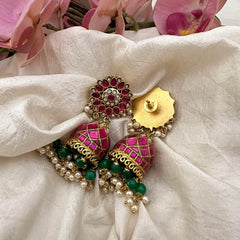 Bridal Jadau Kundan Jhumkas-Green Beads-Pearls-J2184