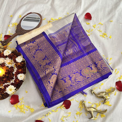 Half White Silk Cotton Saree With Bluish Violet Border -VS687