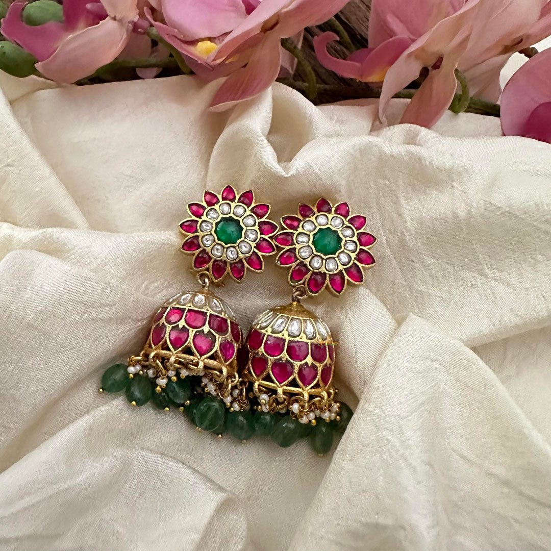 Elegant Jadau Kundan Jhumkas-Green Beads-Pearls-J2175