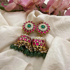 Elegant Jadau Kundan Jhumkas-Green Beads-Pearls-J2175