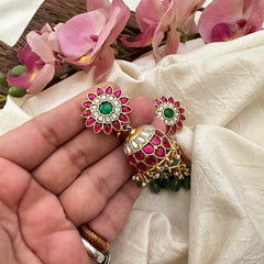 Elegant Jadau Kundan Jhumkas-Green Beads-Pearls-J2175