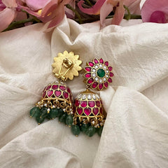 Elegant Jadau Kundan Jhumkas-Green Beads-Pearls-J2175