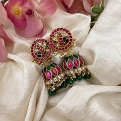 Mayil Jadau Kundan Jhumkas-Green Beads-Pearls-J2177