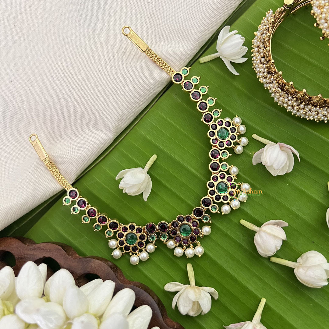 Vriksham Precious Kemp Stone Pendant Short Neckpiece-Red Green-Pearl-G18537