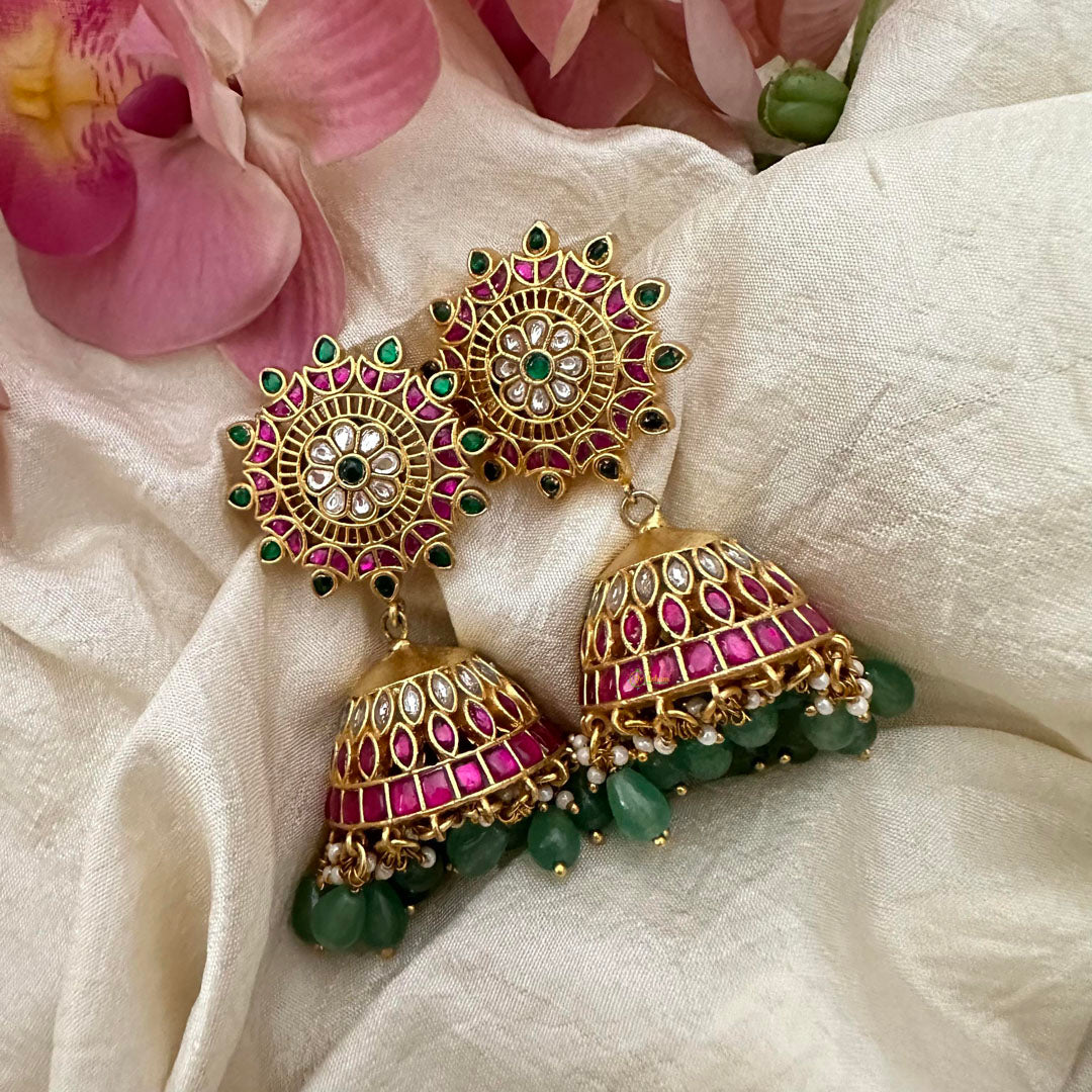 Statement Jadau Kundan Jhumkas-Aqua Green Beads-Pearls-J2219