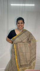 Vriksham Black And White Checks Yellow Border Kota Cotton Saree-VS4898