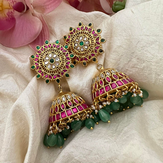 Statement Jadau Kundan Jhumkas-Aqua Green Beads-Pearls-J2219