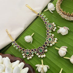 Vriksham Precious Kemp Stone Pendant Short Neckpiece-Red Green-Pearl-G18537