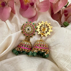 Statement Jadau Kundan Jhumkas-Aqua Green Beads-Pearls-J2219