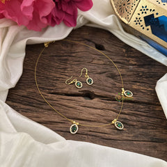 Vriksham 3 Oval Shape Pendant Invisible Chain-Green White-G18479