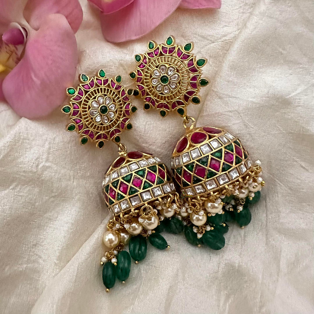 Bridal Jadau Kundan Jhumkas-Green Beads-Pearls-J2192