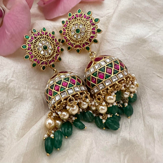 Bridal Jadau Kundan Jhumkas-Green Beads-Pearls-J2192