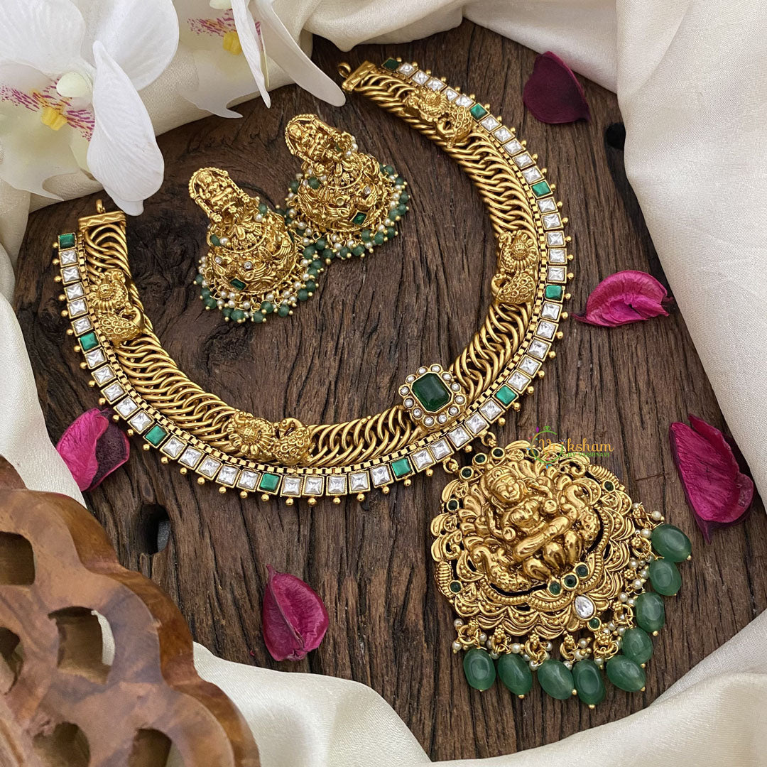 Vriksham Lakshmi Pendant Jalebi Style Short Neckpiece-Green-G16426