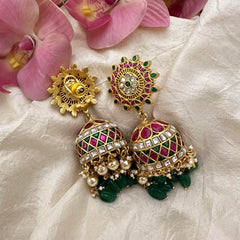 Bridal Jadau Kundan Jhumkas-Green Beads-Pearls-J2192