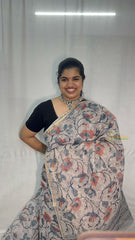 Vriksham Decorative White Pastel Floral Print Hand block Kota Cotton Saree-VS4927