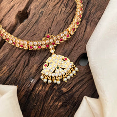 Gold Look Alike AD Stone Short Neckpiece-Pearl-G13766