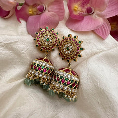 Bridal Jadau Kundan Jhumkas-Aqua Green Beads-Pearls-J2193