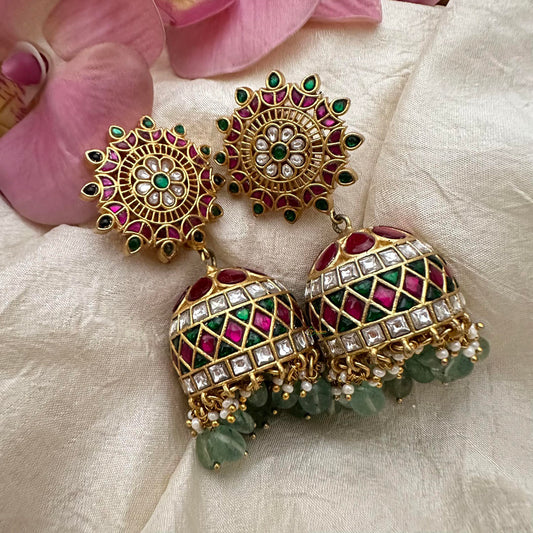 Bridal Jadau Kundan Jhumkas-Aqua Green Beads-Pearls-J2193