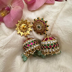 Bridal Jadau Kundan Jhumkas-Aqua Green Beads-Pearls-J2193