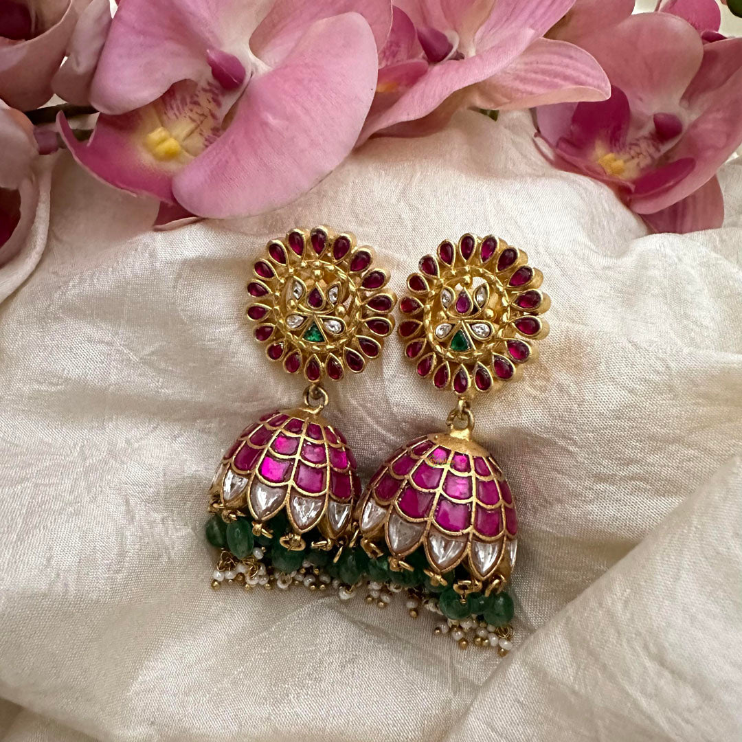 Premium Jadau Kundan Jhumkas-Green Beads-Pearls-J2190