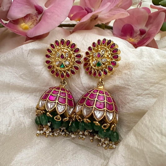 Premium Jadau Kundan Jhumkas-Green Beads-Pearls-J2190