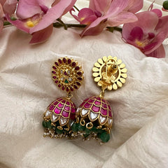 Premium Jadau Kundan Jhumkas-Green Beads-Pearls-J2190