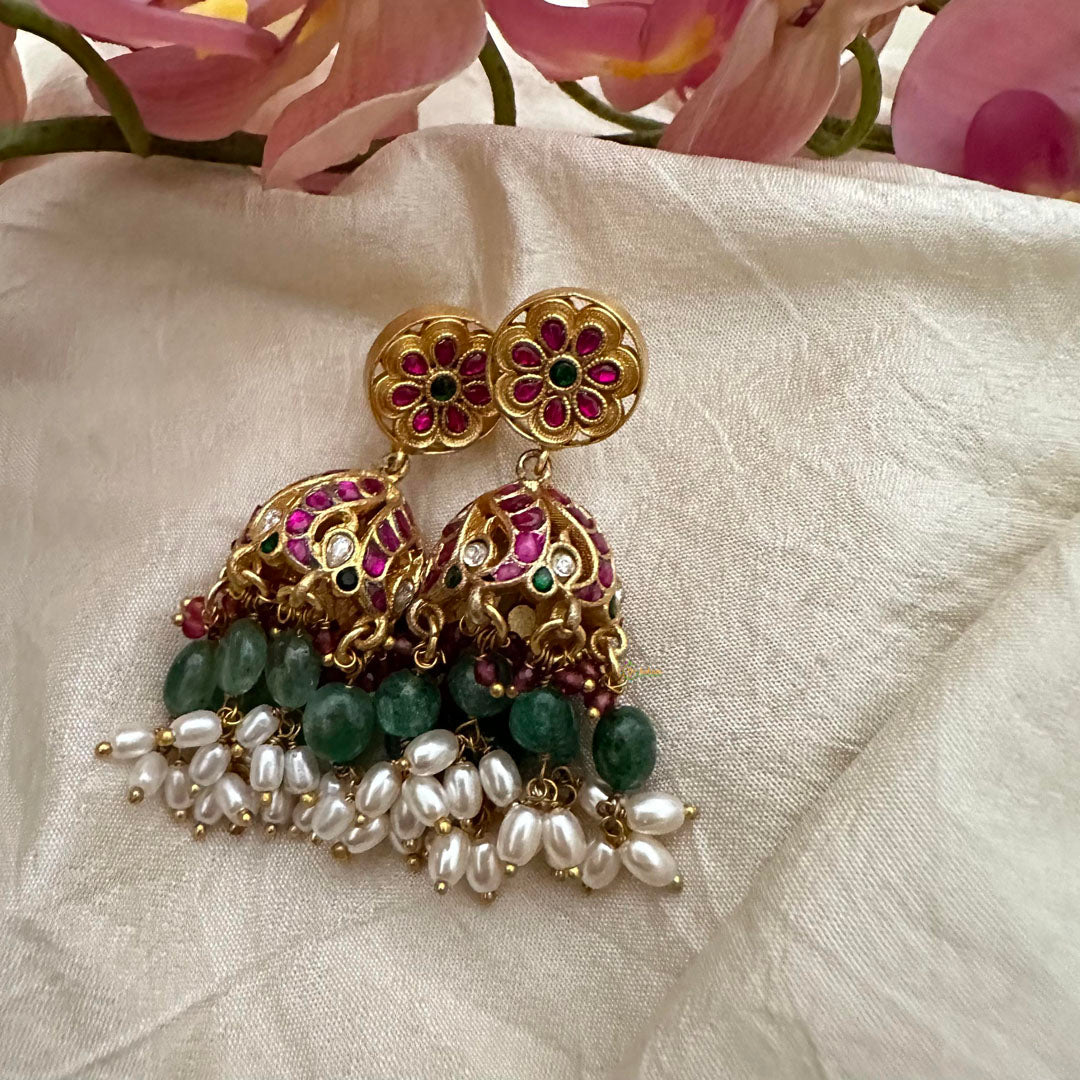 Peacock Floral Jadau Kundan Jhumkas-Aqua Green Beads-Rice Pearls-J2195