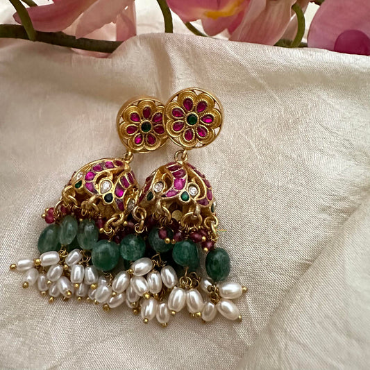 Peacock Floral Jadau Kundan Jhumkas-Aqua Green Beads-Rice Pearls-J2195