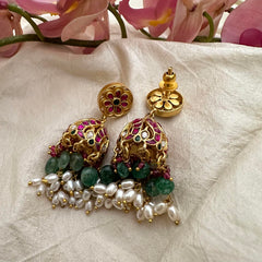 Peacock Floral Jadau Kundan Jhumkas-Aqua Green Beads-Rice Pearls-J2195