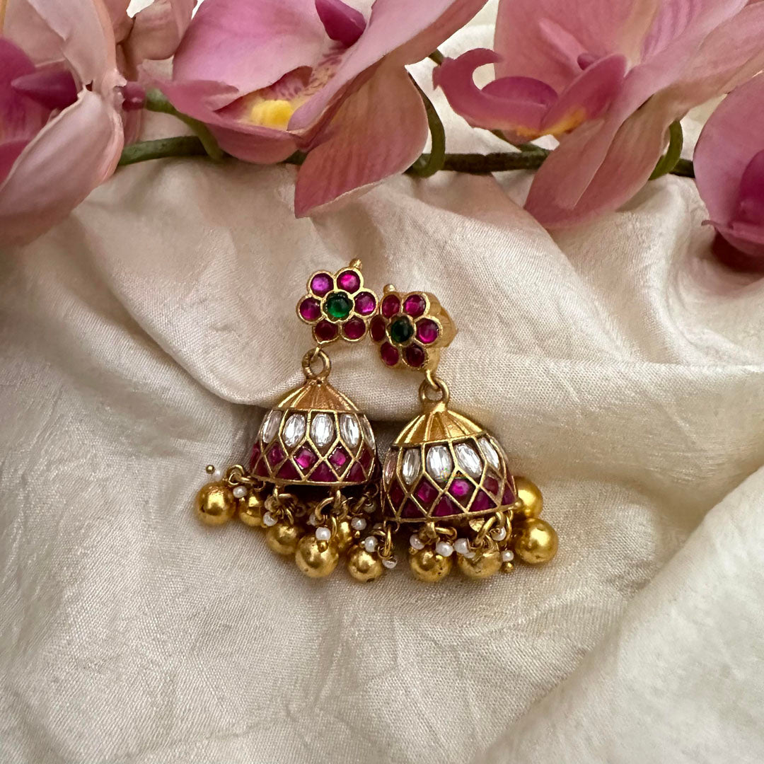 Simple Jadau Kundan Jhumkas-Golden Beads-Pearls-J2187