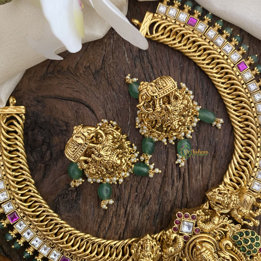 Vriksham Dual Elephant With Lakshmi Jalebi Style Short Neckpiece-White Red-G16424