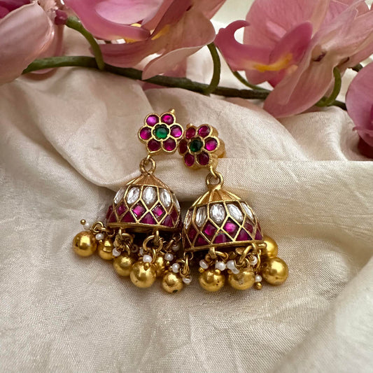 Simple Jadau Kundan Jhumkas-Golden Beads-Pearls-J2187