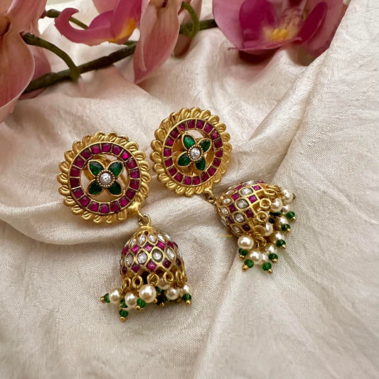 Simple Jadau Kundan Jhumkas-Green Beads-Pearls-J2183