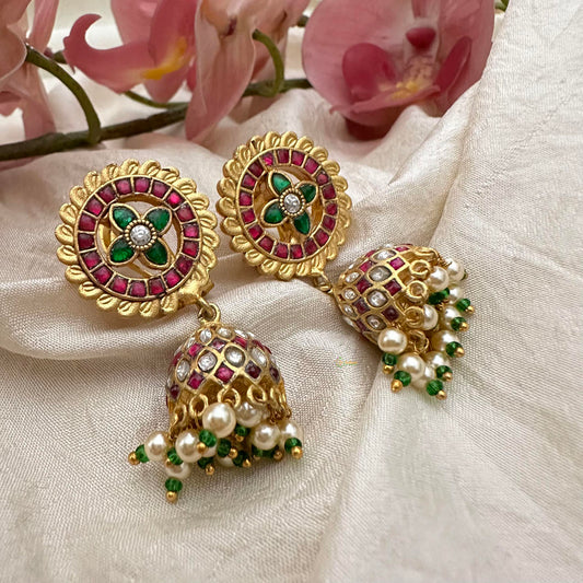 Simple Jadau Kundan Jhumkas-Green Beads-Pearls-J2183