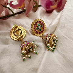 Simple Jadau Kundan Jhumkas-Green Beads-Pearls-J2183