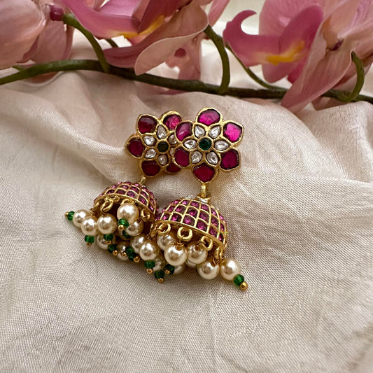 Simple Flower Jadau Kundan Jhumkas-Green Beads-Pearls-J2188