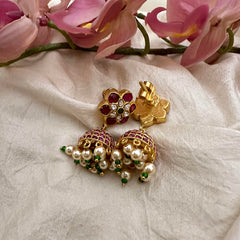 Simple Flower Jadau Kundan Jhumkas-Green Beads-Pearls-J2188