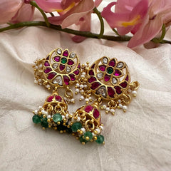 Premium Jadau Kundan Jhumkas-Aqua Green Beads-Pearls-J2189